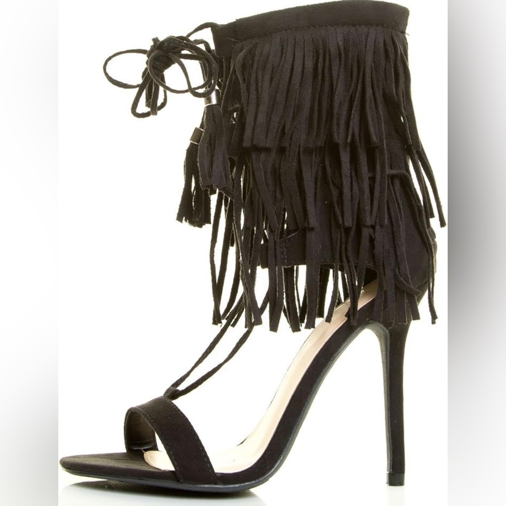 Herstyle Open Toe Layered Fringe Corset Tassel Lace Up Stiletto Heels Size 10